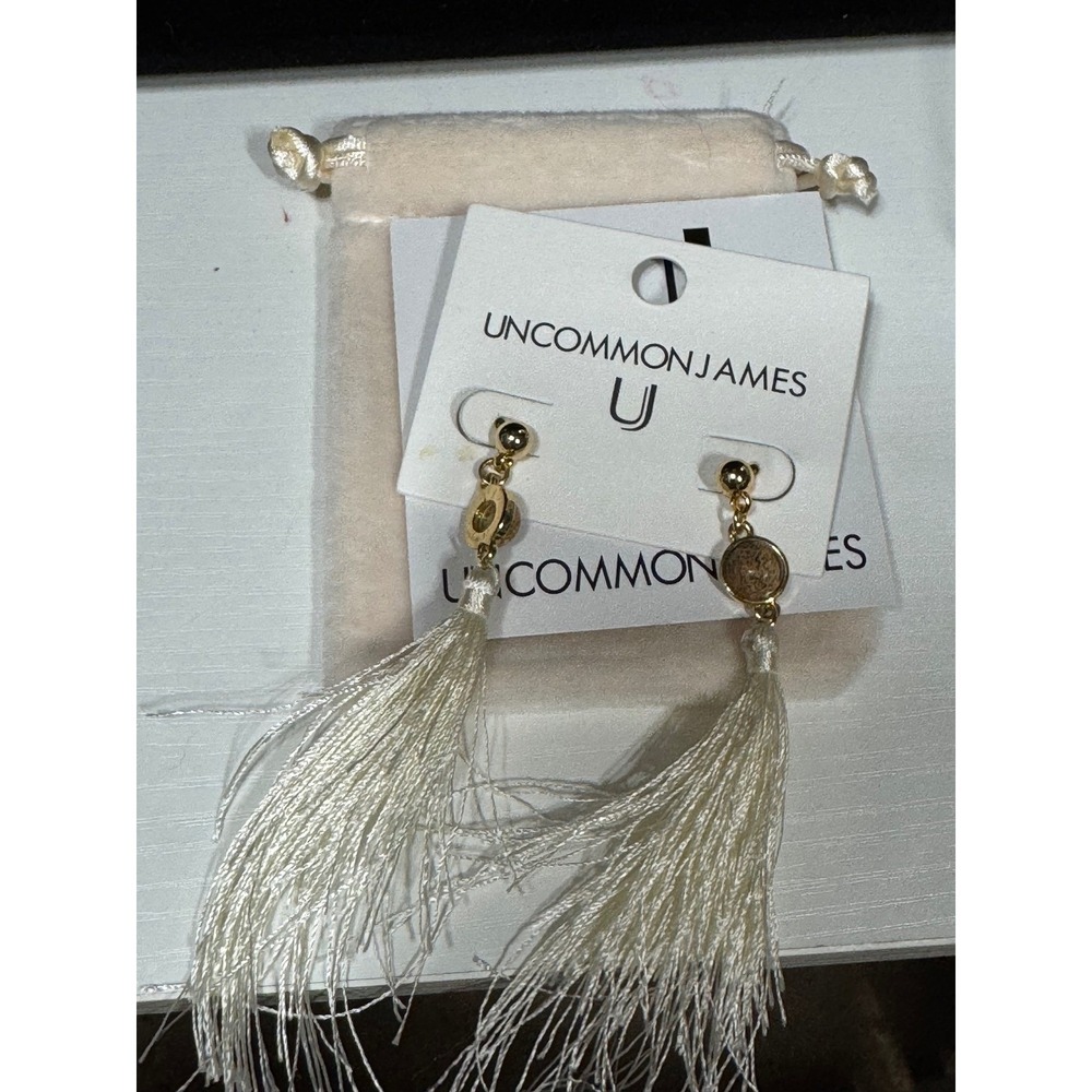 Uncommon James White Tassel Drop Earrings Gold Tone‎ Coin Fringe Statement New